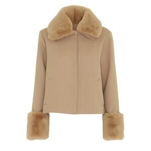 MEOTINE Vegan Faux Fur Trim Boxy Cropped Coat in Tan-S/M